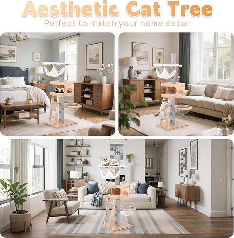 63-inch Modern Cat Tree, Luxury Cat Tower with Scratching Post, Unique Cat Condo with Hammock, Heavy Duty Kitty Climbing Tree for Indoor Cat, Wooden Kitty House for Small Medium Large Cats in Saudi Arabia
