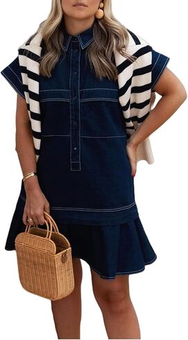 Women's Cotton Drop Waist Shirt Dress Short Sleeve Button Down Mini Dress Ruffle Tunic Dress with Pockets in Kuwait