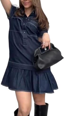 Women's Cotton Drop Waist Shirt Dress Short Sleeve Button Down Mini Dress Ruffle Tunic Dress with Pockets in Kuwait