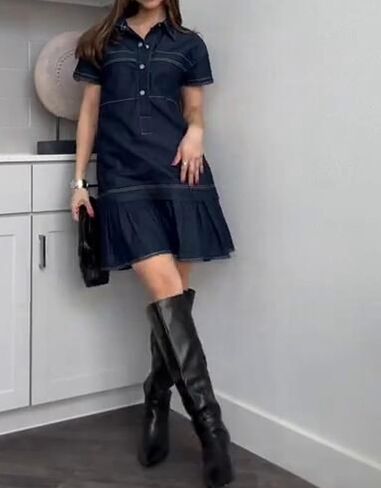 Women's Cotton Drop Waist Shirt Dress Short Sleeve Button Down Mini Dress Ruffle Tunic Dress with Pockets in Kuwait