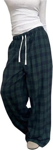 GORGLITTER Women's Plaid Wide Leg Baggy Pants Y2k Gingham High Waisted Drawstring Causal Pants in Kuwait
