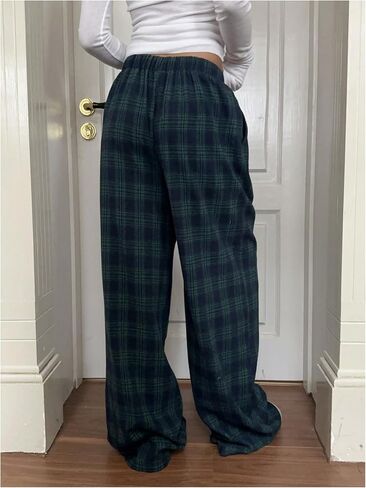 GORGLITTER Women's Plaid Wide Leg Baggy Pants Y2k Gingham High Waisted Drawstring Causal Pants in Kuwait