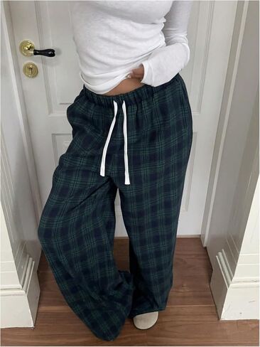 GORGLITTER Women's Plaid Wide Leg Baggy Pants Y2k Gingham High Waisted Drawstring Causal Pants in Kuwait