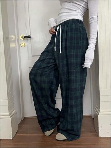 GORGLITTER Women's Plaid Wide Leg Baggy Pants Y2k Gingham High Waisted Drawstring Causal Pants in Kuwait