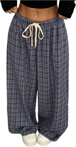 GORGLITTER Women's Plaid Wide Leg Baggy Pants Y2k Gingham High Waisted Drawstring Causal Pants in Kuwait