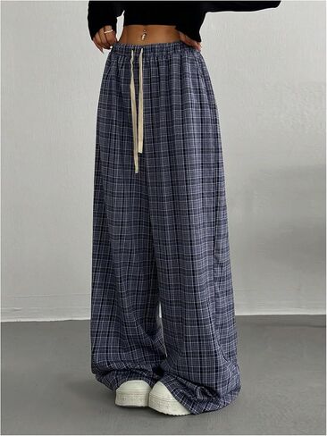 GORGLITTER Women's Plaid Wide Leg Baggy Pants Y2k Gingham High Waisted Drawstring Causal Pants in Kuwait