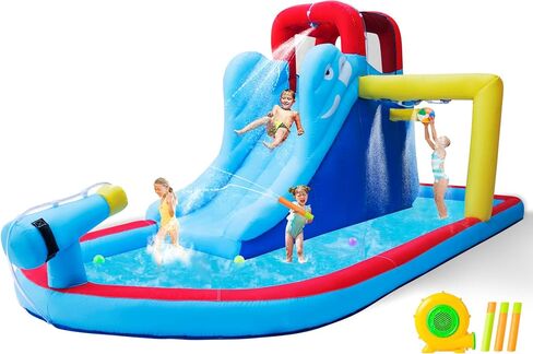 Joyldias قابلة للنفخ شريحة منزل ترتد المنزل ، حديقة مائية العملاقة ، شريحة مزدوجة قلعة الحارس مع حمام سباحة سبلاش ، منطقة القفز ، جدار التسلق ، منفاخ هواء 550W للأطفال الخلفي الاستخدام في الهواء الطلق ، مدفع مائي مجاني in Kuwait