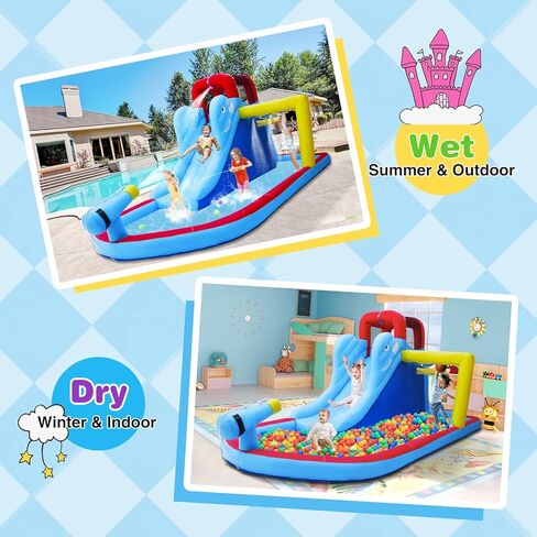 Joyldias قابلة للنفخ شريحة منزل ترتد المنزل ، حديقة مائية العملاقة ، شريحة مزدوجة قلعة الحارس مع حمام سباحة سبلاش ، منطقة القفز ، جدار التسلق ، منفاخ هواء 550W للأطفال الخلفي الاستخدام في الهواء الطلق ، مدفع مائي مجاني in Kuwait