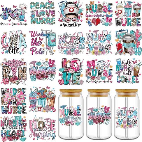 UV DTF Cup Wrap Transfer Stickers: 20 Pcs Nurse Motivational Words UV DTF Cup Wraps for 16 oz Glass, Cute Cartoon Letters Uvdtf Sticker, Inspirational Rub on Transfers, DIY Craft Gifts for Nurses in Kuwait