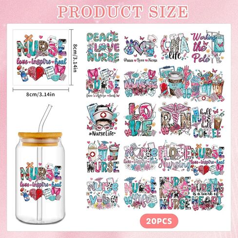 UV DTF Cup Wrap Transfer Stickers: 20 Pcs Nurse Motivational Words UV DTF Cup Wraps for 16 oz Glass, Cute Cartoon Letters Uvdtf Sticker, Inspirational Rub on Transfers, DIY Craft Gifts for Nurses in Kuwait