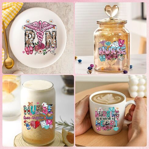 UV DTF Cup Wrap Transfer Stickers: 20 Pcs Nurse Motivational Words UV DTF Cup Wraps for 16 oz Glass, Cute Cartoon Letters Uvdtf Sticker, Inspirational Rub on Transfers, DIY Craft Gifts for Nurses in Kuwait