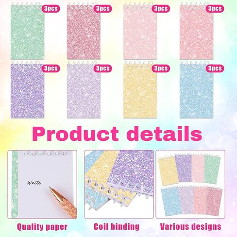Glenmal 24 Pcs Mini Notepads for Kids Party Favors Mini Tie Dye Notepads with Glitter Colorful Little Pocket for Girls Gift Classroom Rewards 20 Pages Each (Light Color) in Saudi Arabia