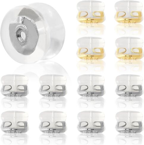 16 Pcs Comfortable 18K Gold Locking Earring Backs – 16 PCS Hypoallergenic Silicone Replacements for Studs and Heavy Earrings, Ideal for Sensitive Ears - Silver in Kuwait