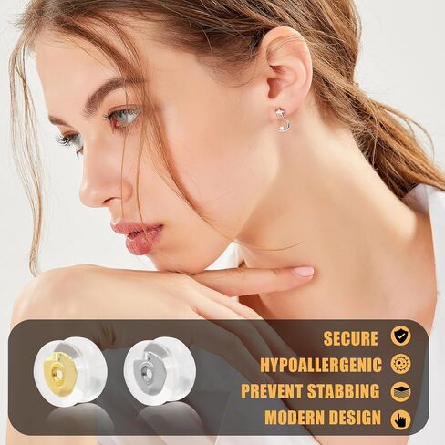 16 Pcs Comfortable 18K Gold Locking Earring Backs – 16 PCS Hypoallergenic Silicone Replacements for Studs and Heavy Earrings, Ideal for Sensitive Ears - Silver in Kuwait