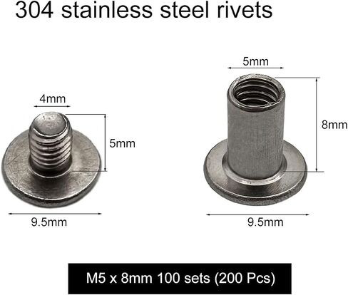 IDEALSV 200 Pcs (100 Sets) 304 Stainless Steel Chicago Screws Rivets M5x8mm Leather Rivets Phillip Head Leather Bag, Book and Photo Album Binding Chicago Rivets Kits in Saudi Arabia