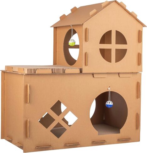 Cat House - Cardboard Cat House with Scratching Pads, Toys, and Catnip - Multi-Level Cat Houses for Indoor Cats, Kittens and Small Animals by PETMAKER in Saudi Arabia