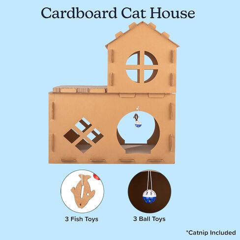 Cat House - Cardboard Cat House with Scratching Pads, Toys, and Catnip - Multi-Level Cat Houses for Indoor Cats, Kittens and Small Animals by PETMAKER in Saudi Arabia