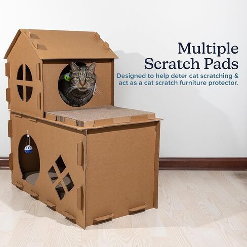 Cat House - Cardboard Cat House with Scratching Pads, Toys, and Catnip - Multi-Level Cat Houses for Indoor Cats, Kittens and Small Animals by PETMAKER in Saudi Arabia