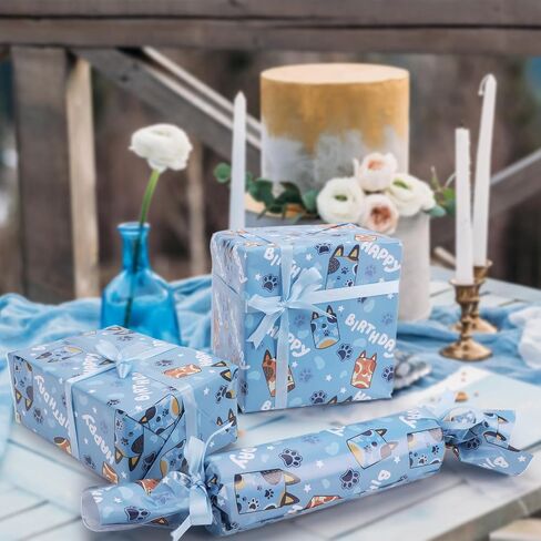 Nafurahi 10 Sheets Blue Dog Birthday Flasting Wrapp Paper for Boys Kids Girls ، Flay Flat Gift Paper Bapk Born in Saudi Arabia