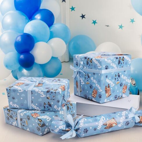 Nafurahi 10 Sheets Blue Dog Birthday Flasting Wrapp Paper for Boys Kids Girls ، Flay Flat Gift Paper Bapk Born in Saudi Arabia