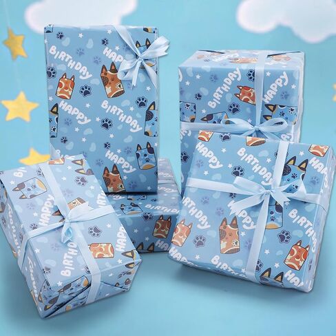 Nafurahi 10 Sheets Blue Dog Birthday Flasting Wrapp Paper for Boys Kids Girls ، Flay Flat Gift Paper Bapk Born in Saudi Arabia