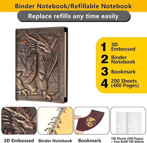 DND Dragon Journal Notebook ، كتاب فريد من 400 صفحة مع 3D مقصور من الجلد القابل لإعادة الملء 6 حلقات للملحقات الأبراج المحصنة و Dragons/D&D هدايا Nerdy DM & Players RPG Lovers in Kuwait