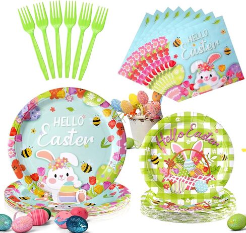 96 Pcs Easter Plates and Napkins Disposable Dinnerware Supplies for 24 Guests, Paper Tableware Include 9" Dinner Plates, 7" Dessert Plates, Napkins, Forks for Easter Spring Party (Egg) in Saudi Arabia