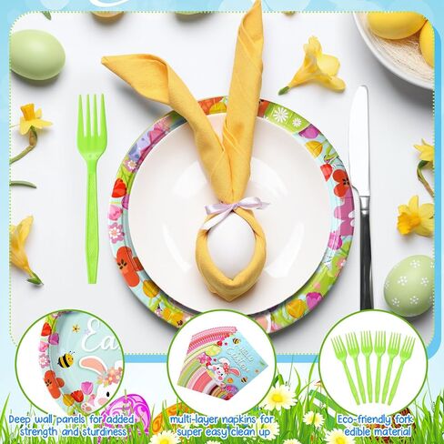 96 Pcs Easter Plates and Napkins Disposable Dinnerware Supplies for 24 Guests, Paper Tableware Include 9" Dinner Plates, 7" Dessert Plates, Napkins, Forks for Easter Spring Party (Egg) in Saudi Arabia