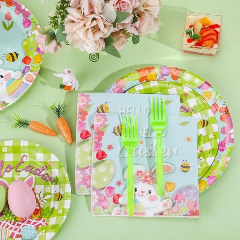 96 Pcs Easter Plates and Napkins Disposable Dinnerware Supplies for 24 Guests, Paper Tableware Include 9" Dinner Plates, 7" Dessert Plates, Napkins, Forks for Easter Spring Party (Egg) in Saudi Arabia