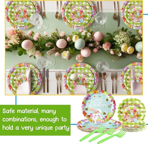 96 Pcs Easter Plates and Napkins Disposable Dinnerware Supplies for 24 Guests, Paper Tableware Include 9" Dinner Plates, 7" Dessert Plates, Napkins, Forks for Easter Spring Party (Egg) in Saudi Arabia