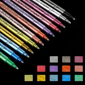 Jeffdad 12 Pcs Glitter Markers Pen, Liquid Metallic Marker Pen Fine Tip 1-2mm, Water-Based Assorted Vibrant Markers for Rock Painting, Canvas, Glass, Mugs, Wood, Fabric, Metal, Ceramics