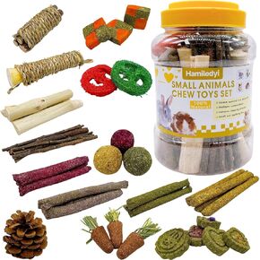 Rabbit Chew Toys 440g/15.5OZ Natural Timothy Grass Molar Cakes Guinea Pig Apple Sticks Sweet Bamboo Handmade Treat for Bunny Hamster Chinchilla Squirrel