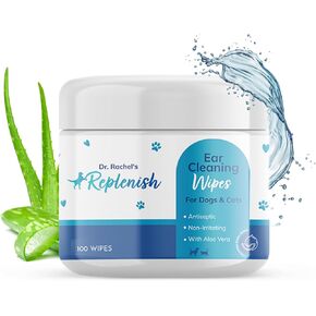 Replenish Cat and Dog Ear Cleaning Wipes - Gentle Medicated Ear Wipes for Dogs - Cucumber Melon Scent - Dog Ear Cleaner & Cat Ear Wipes for Cleaning, Soothing, and Deodorizing Itchy Ears - 100 Count