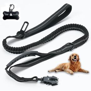 Bungee Dog Leash with Poop Bag Holder, Shock Absorbing Dog Leash with Quick Release/Locking Clip Heavy Duty Reflective Military Dog Leash with Padded Handles, for Large/Medium/Small Dogs