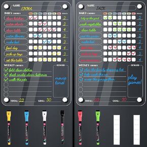 Acrylic Magnetic Chore Chart for Kids Multiple Kids, Behavior Reward Responsibility Chart, Chores Chart for Kids Teens, 2 Dry Erase Board for Kids with 6 Markers & Anti-Scratch Pad, 8’’x12’’