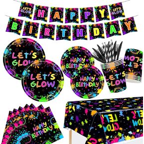 194 PCS Neon Glow in the Dark Party Supplies Decorations Services 24 ، تشمل لوحات ، مناديل ، مفارش المائدة ، لافتة ، مثالية لحفلة عيد الميلاد ذات الطابع النيون