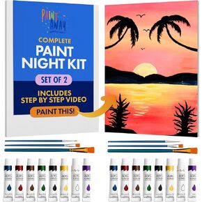 مجموعات الطلاء Paintaway للبالغين والمراهقين والأطفال - الطلاء خطوة بخطوة و SIP Kit للبالغين والحفلات والتواريخ ومجموعة الطلاء - مجموعة من 2 x من القماش ، فرشاة الطلاء ، ساحة ، 8 دهانات أكريليك - Golden Horizons
