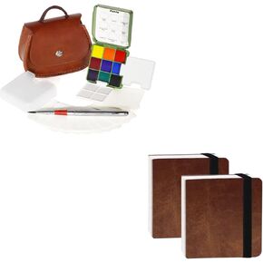 Funto Pocket Watercolor Set, Travel Paint Kit, 9 Colors, Leather Bag, Paint Water Cup with Watercolor Journal 2-Pack, 3.9x3.9, 44 Pages Each