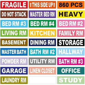 860 PCS Home Moving Labels لصناديق التعبئة - ملصقات مربعات مشفرة بالألوان - المزيد من الملصقات المعيشة RM Kitchen Garage Fragile for House Moving Supplies 1 "× 3.6"