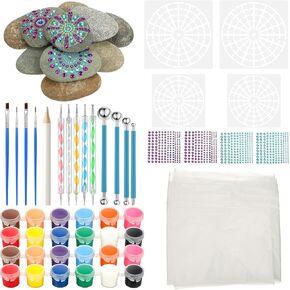 RoundFunny Mandala Rock Painting Kit - 10 Pcs Flat Rocks for Painting 3-4 Inches, Mandala Dotting Tools Kit, Mandala Stencils, Acrylic Paints, Dotting Tools for Painting Rocks for DIY Arts & Crafting
