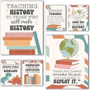 Hadley Designs 6 Social Studies Classroom Decorations – US History Posters for Elementary, Middle School and High School, Durable World History Wall Art for Teachers - Retro Classroom Decor