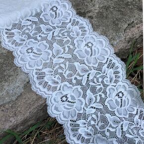 White Stretch Lace Fabric 6 Inches Wide Lace Trim Ribbon for Bridal Wedding Decorations, Sewing DIY Making and DIY Crafts- 5 Yard (8198 white)