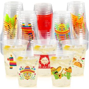 50pcs Fiesta Cups ، 12oz من البلاستيك يمكن التخلص منها في أكواب مكسيكية واضحة مع 5 تصميمات أنماط لـ Cinco de Mayo Drinkware Party Supplies Taco عيد ميلاد ديكورات حفلة