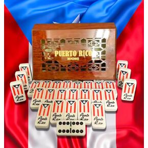 Puerto Rico Dominoes Puerto Rican Dominos PR Flag Dominos Doubles Six Game Boricua Accessories with Limited Edition Wood Finish Case (Elegant Classic Wood)