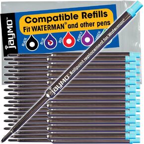 Jaymo Replacement for Waterman 834264 - Measures 4.4 in / 112 mm Long - Ballpoint Pen Refill - 2 Blue