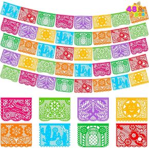 لافتات Joyin Mexican 108 قدم الحفلات ، 6 أجزاء من البلاستيك Papel Picado مع 8 أعلام بلاستيكية متعددة الألوان لكل لافتة Cinco de Mayo Decore of the Devel