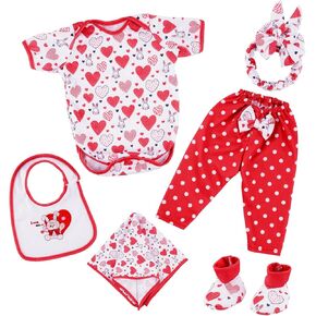 BABESIDE 6 Pcs Reborn Baby Doll Clothes Set for 17-22 Inch Babydolls, Bunny & Heart Reborn Doll Clothes and Accessories with Headband and Socks for Realistic Baby Dolls Girls, Red