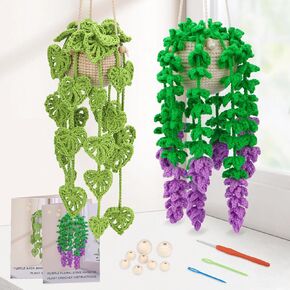 Kogyxe المبتدئين الكروشيه Kit ، Amigurumi Crochet starter Kits w دروس فيديو خطوة بخطوة ، معلقة نباتات محاكمة محاكمة لزخرفة المبتدئين ، عائلة النباتات (40 ٪+ خيوط)