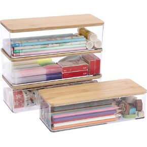 Btsky 4 Pack Clear Pencil Box مع أغطية الخيزران ، وحاويات التخزين المكتبية القابلة للتكديس ، وعلبة قلم رصاص بلاستيكية صلبة لتنظيم أقلام محواة الهلام أقلام أقلام.