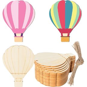Hot Air Balloon Cutout Wooden Blank Wood with Twines Art Unfinished Ornaments for Summer Decor Christmas Wedding Birthday Party Christmas Thanksgiving Day Decoration 20Pcs